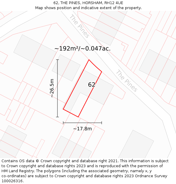 62, THE PINES, HORSHAM, RH12 4UE: Plot and title map