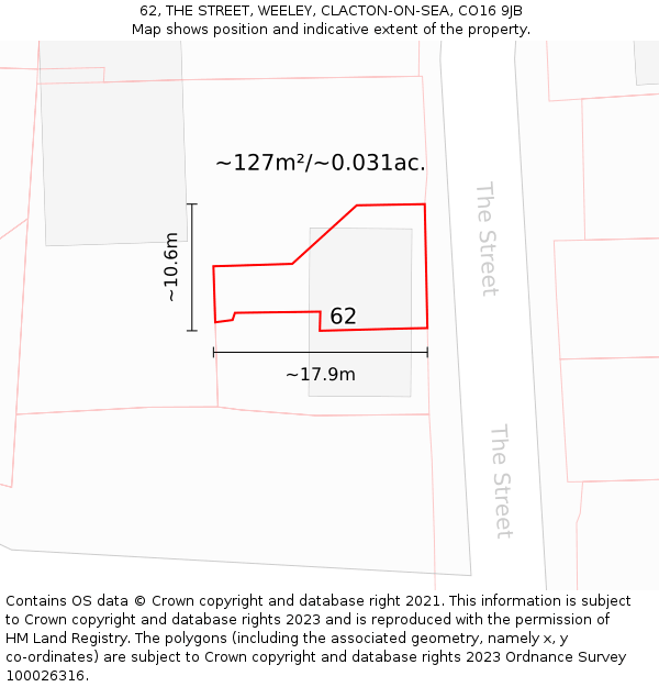 62, THE STREET, WEELEY, CLACTON-ON-SEA, CO16 9JB: Plot and title map