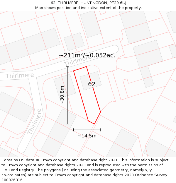 62, THIRLMERE, HUNTINGDON, PE29 6UJ: Plot and title map