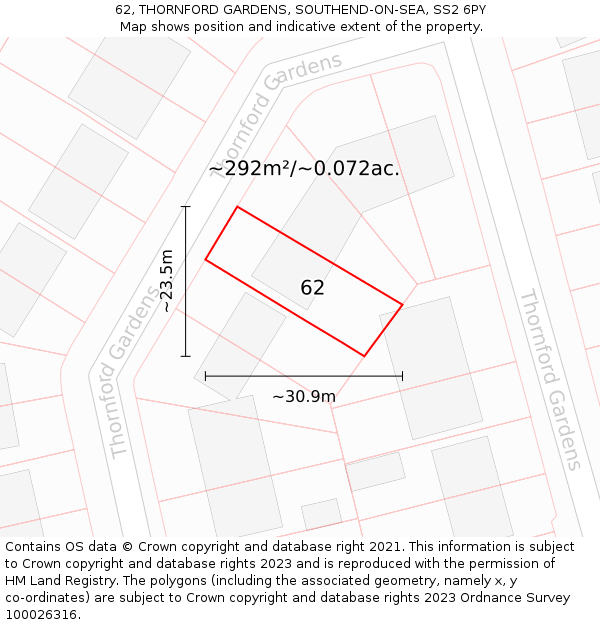 62, THORNFORD GARDENS, SOUTHEND-ON-SEA, SS2 6PY: Plot and title map