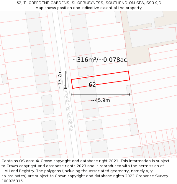 62, THORPEDENE GARDENS, SHOEBURYNESS, SOUTHEND-ON-SEA, SS3 9JD: Plot and title map