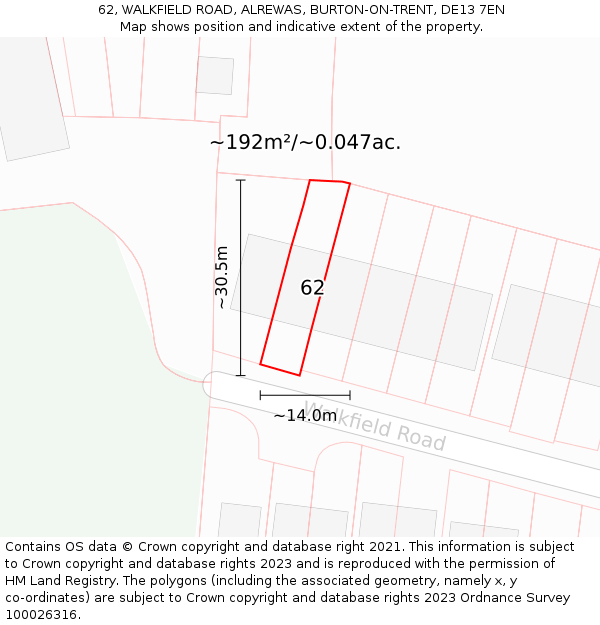 62, WALKFIELD ROAD, ALREWAS, BURTON-ON-TRENT, DE13 7EN: Plot and title map