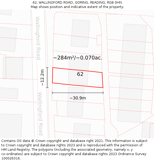 62, WALLINGFORD ROAD, GORING, READING, RG8 0HN: Plot and title map