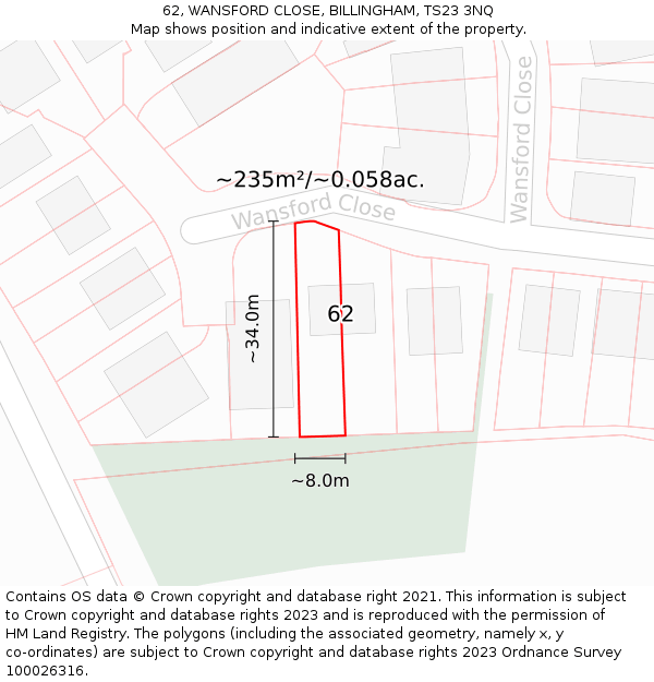 62, WANSFORD CLOSE, BILLINGHAM, TS23 3NQ: Plot and title map