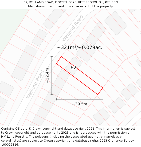 62, WELLAND ROAD, DOGSTHORPE, PETERBOROUGH, PE1 3SG: Plot and title map