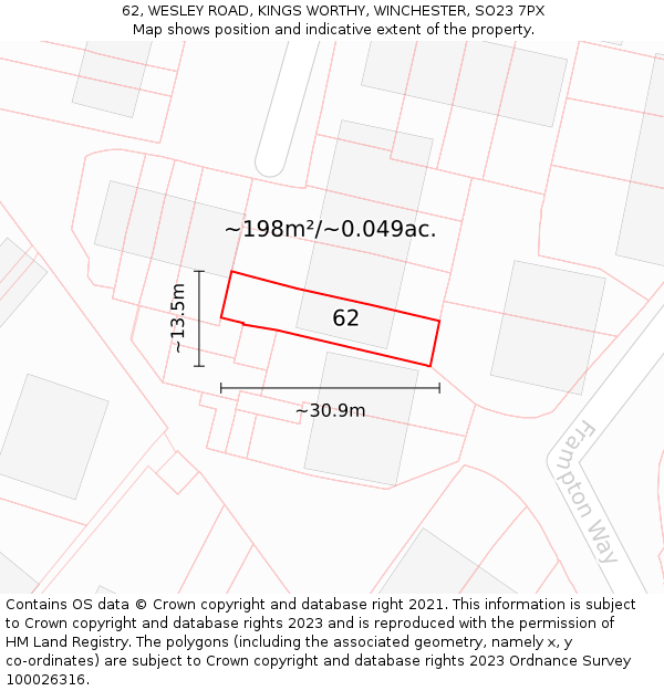 62, WESLEY ROAD, KINGS WORTHY, WINCHESTER, SO23 7PX: Plot and title map