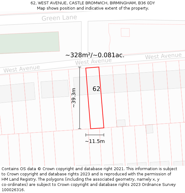 62, WEST AVENUE, CASTLE BROMWICH, BIRMINGHAM, B36 0DY: Plot and title map