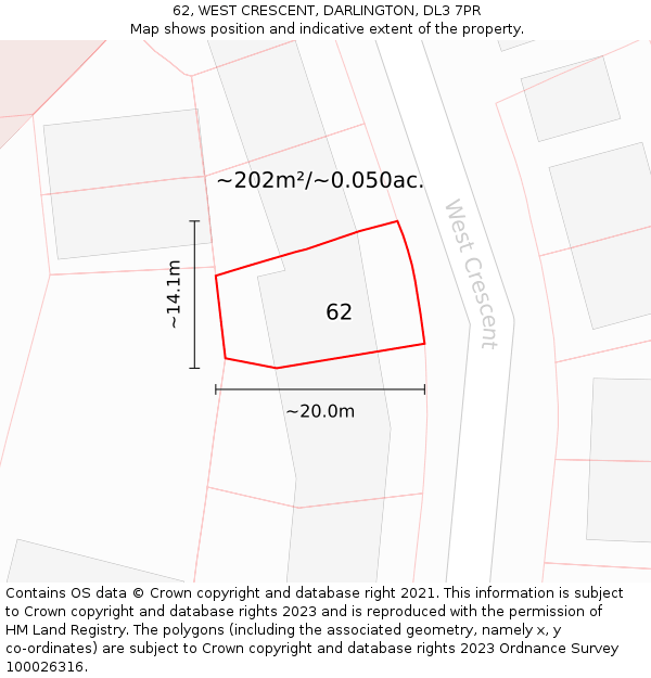 62, WEST CRESCENT, DARLINGTON, DL3 7PR: Plot and title map