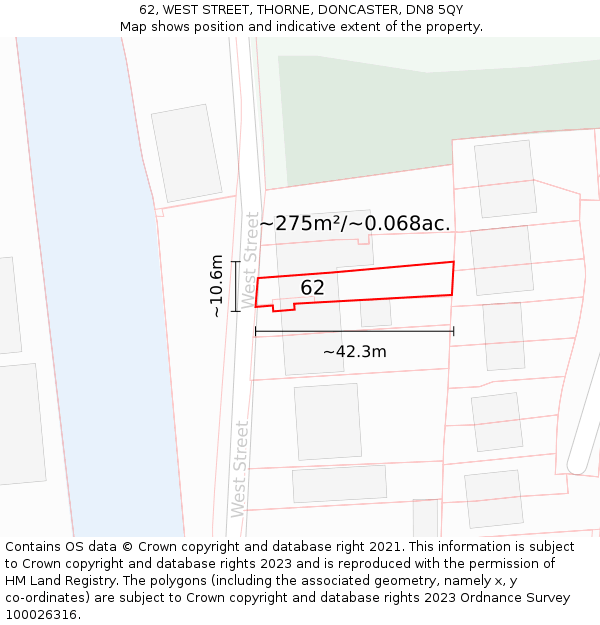 62, WEST STREET, THORNE, DONCASTER, DN8 5QY: Plot and title map