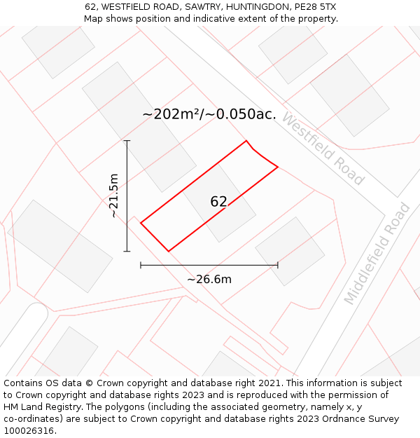 62, WESTFIELD ROAD, SAWTRY, HUNTINGDON, PE28 5TX: Plot and title map