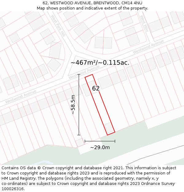 62, WESTWOOD AVENUE, BRENTWOOD, CM14 4NU: Plot and title map