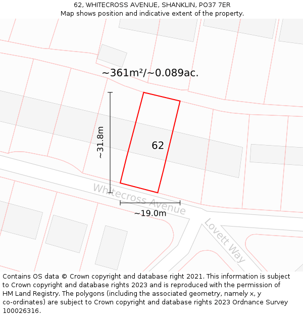 62, WHITECROSS AVENUE, SHANKLIN, PO37 7ER: Plot and title map