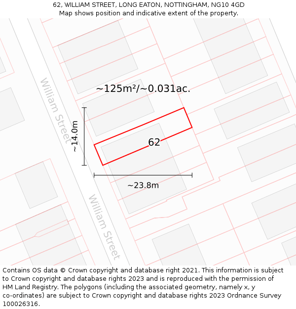 62, WILLIAM STREET, LONG EATON, NOTTINGHAM, NG10 4GD: Plot and title map