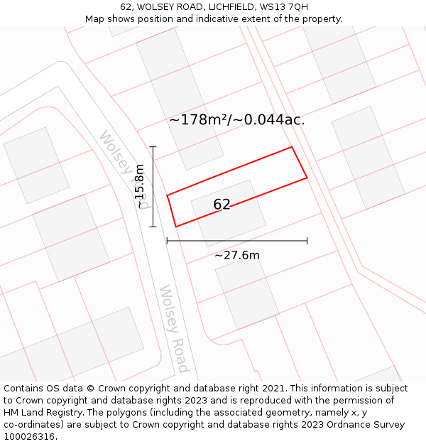 62, WOLSEY ROAD, LICHFIELD, WS13 7QH: Plot and title map