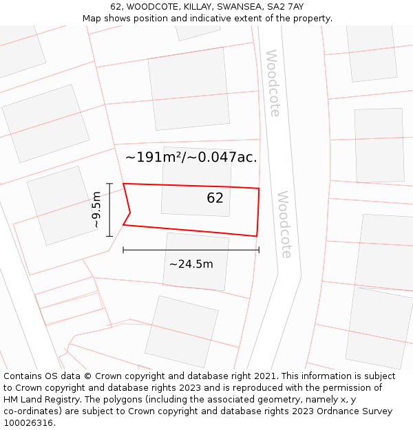 62, WOODCOTE, KILLAY, SWANSEA, SA2 7AY: Plot and title map
