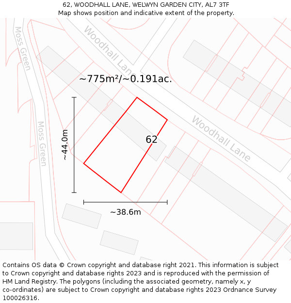 62, WOODHALL LANE, WELWYN GARDEN CITY, AL7 3TF: Plot and title map