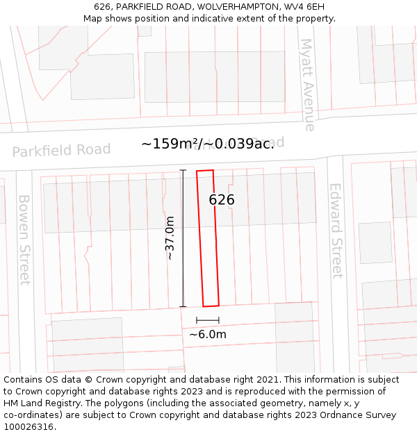 626, PARKFIELD ROAD, WOLVERHAMPTON, WV4 6EH: Plot and title map