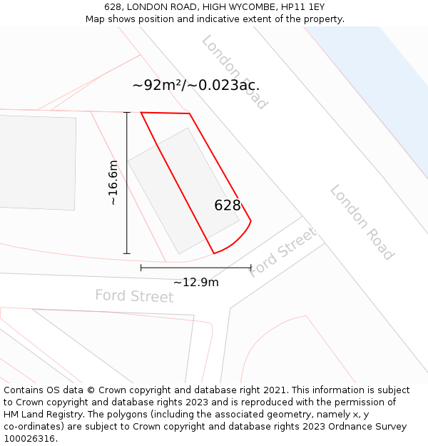 628, LONDON ROAD, HIGH WYCOMBE, HP11 1EY: Plot and title map