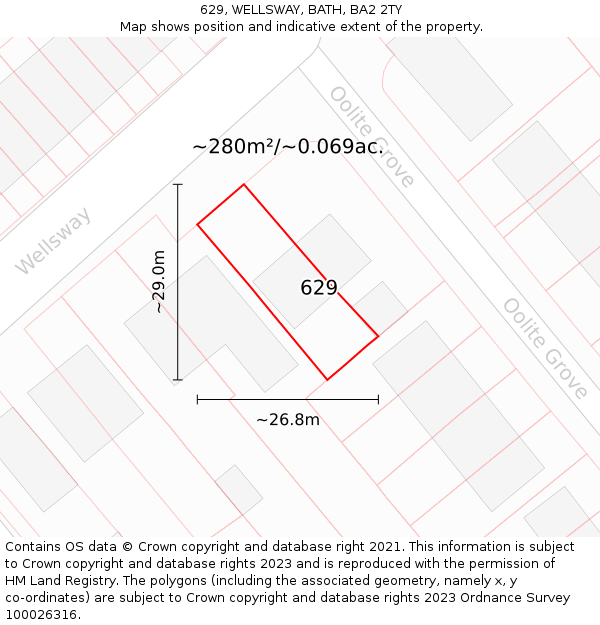 629, WELLSWAY, BATH, BA2 2TY: Plot and title map