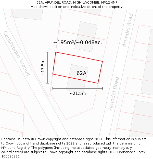 62A, ARUNDEL ROAD, HIGH WYCOMBE, HP12 4NF: Plot and title map