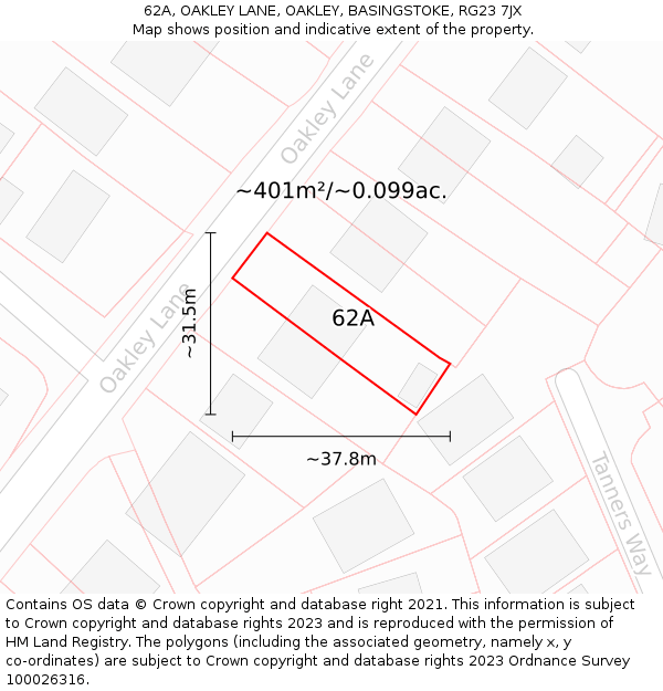 62A, OAKLEY LANE, OAKLEY, BASINGSTOKE, RG23 7JX: Plot and title map