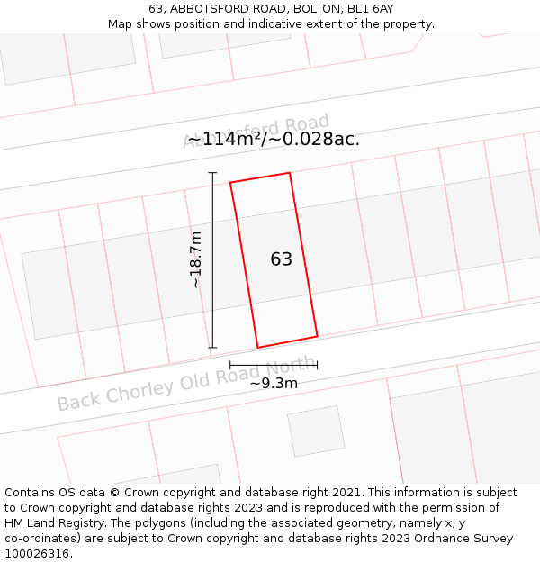 63, ABBOTSFORD ROAD, BOLTON, BL1 6AY: Plot and title map