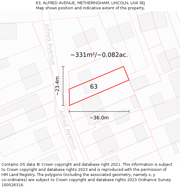 63, ALFRED AVENUE, METHERINGHAM, LINCOLN, LN4 3EJ: Plot and title map