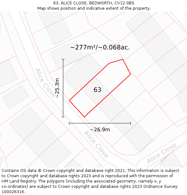 63, ALICE CLOSE, BEDWORTH, CV12 0BS: Plot and title map