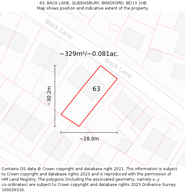 63, BACK LANE, QUEENSBURY, BRADFORD, BD13 1HB: Plot and title map