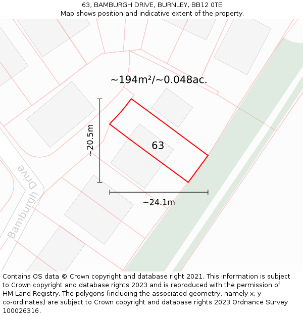 63, BAMBURGH DRIVE, BURNLEY, BB12 0TE: Plot and title map