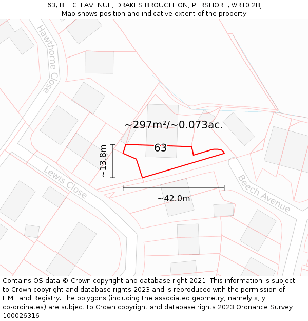 63, BEECH AVENUE, DRAKES BROUGHTON, PERSHORE, WR10 2BJ: Plot and title map