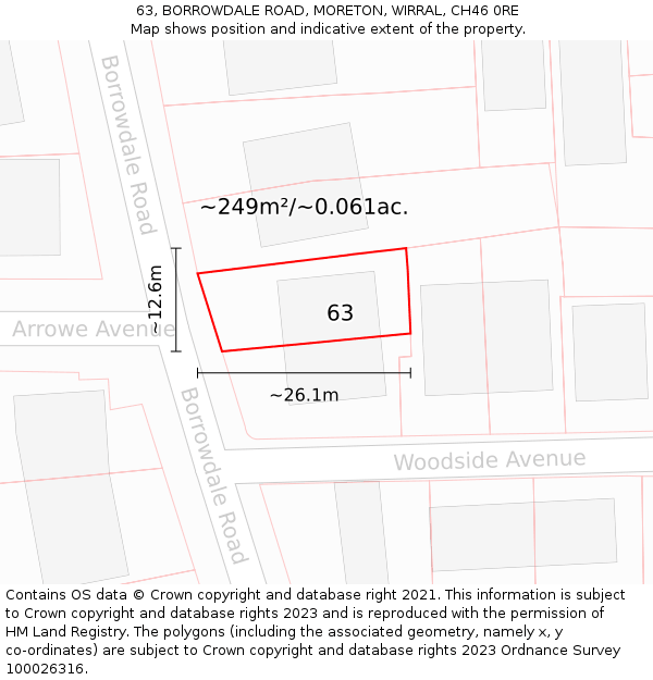 63, BORROWDALE ROAD, MORETON, WIRRAL, CH46 0RE: Plot and title map