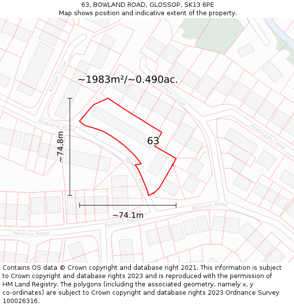 63, BOWLAND ROAD, GLOSSOP, SK13 6PE: Plot and title map