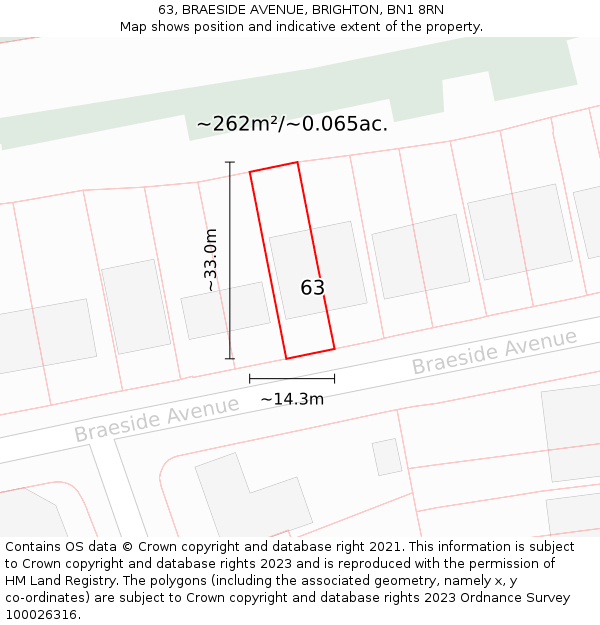 63, BRAESIDE AVENUE, BRIGHTON, BN1 8RN: Plot and title map