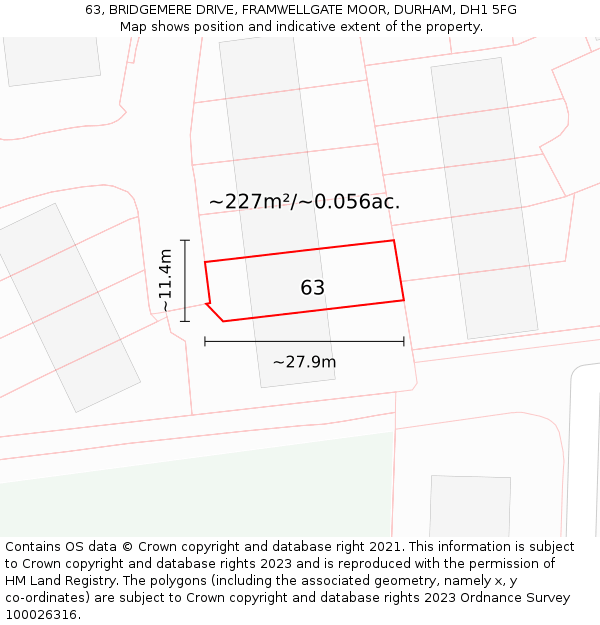 63, BRIDGEMERE DRIVE, FRAMWELLGATE MOOR, DURHAM, DH1 5FG: Plot and title map