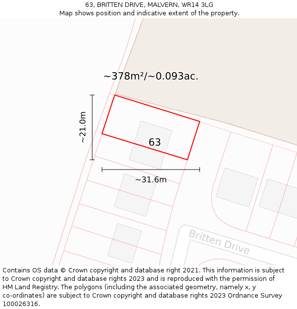 63, BRITTEN DRIVE, MALVERN, WR14 3LG: Plot and title map