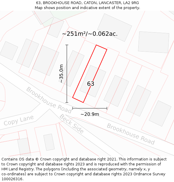 63, BROOKHOUSE ROAD, CATON, LANCASTER, LA2 9RG: Plot and title map