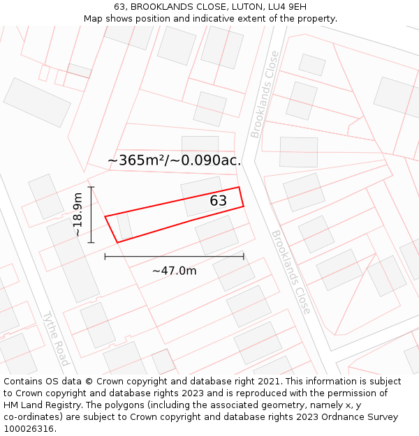 63, BROOKLANDS CLOSE, LUTON, LU4 9EH: Plot and title map