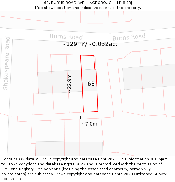 63, BURNS ROAD, WELLINGBOROUGH, NN8 3RJ: Plot and title map