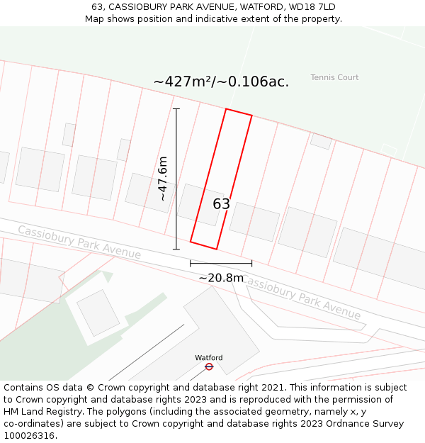 63, CASSIOBURY PARK AVENUE, WATFORD, WD18 7LD: Plot and title map
