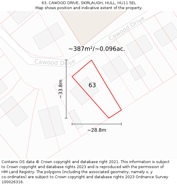 63, CAWOOD DRIVE, SKIRLAUGH, HULL, HU11 5EL: Plot and title map