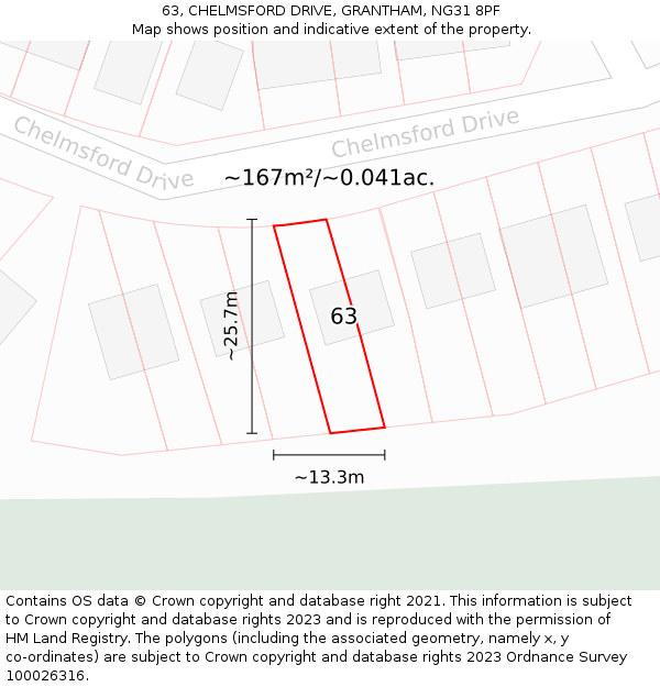 63, CHELMSFORD DRIVE, GRANTHAM, NG31 8PF: Plot and title map