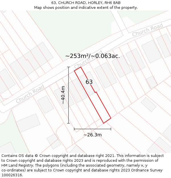 63, CHURCH ROAD, HORLEY, RH6 8AB: Plot and title map