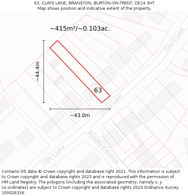 63, CLAYS LANE, BRANSTON, BURTON-ON-TRENT, DE14 3HT: Plot and title map