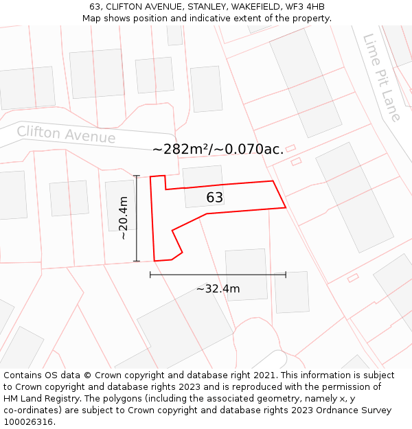 63, CLIFTON AVENUE, STANLEY, WAKEFIELD, WF3 4HB: Plot and title map