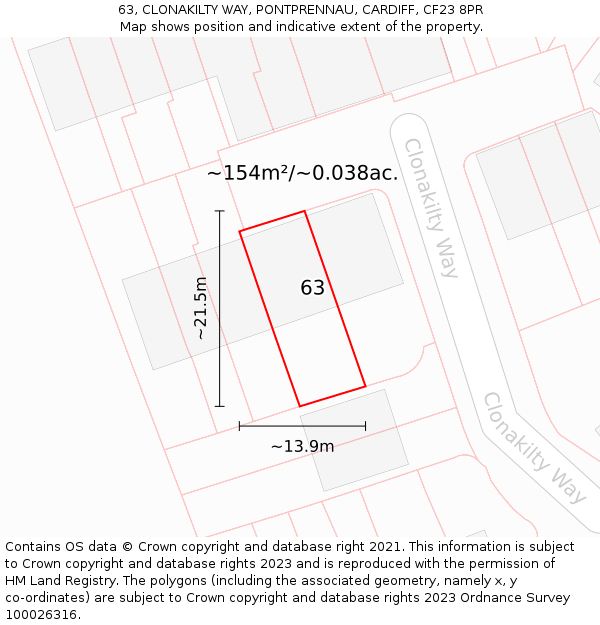 63, CLONAKILTY WAY, PONTPRENNAU, CARDIFF, CF23 8PR: Plot and title map