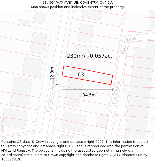 63, CONWAY AVENUE, COVENTRY, CV4 9JA: Plot and title map