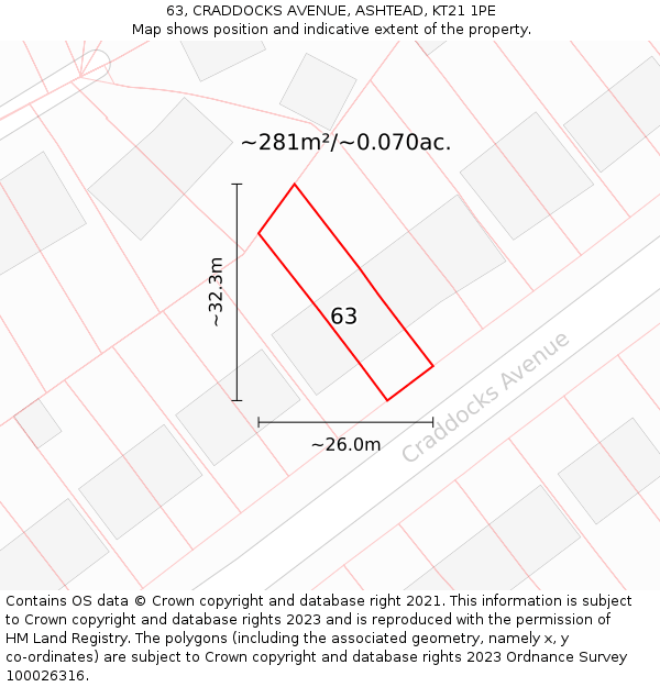 63, CRADDOCKS AVENUE, ASHTEAD, KT21 1PE: Plot and title map