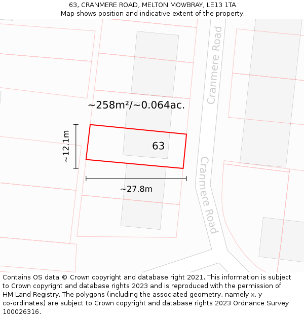 63, CRANMERE ROAD, MELTON MOWBRAY, LE13 1TA: Plot and title map