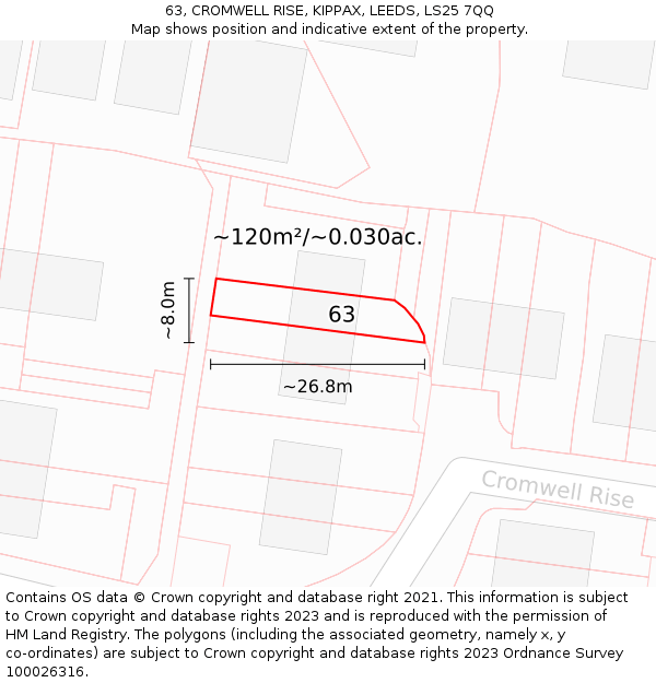 63, CROMWELL RISE, KIPPAX, LEEDS, LS25 7QQ: Plot and title map